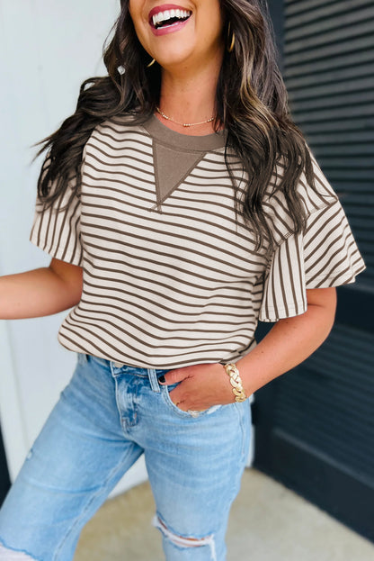 Green Striped Ruffle Sleeve Contrast Casual Top