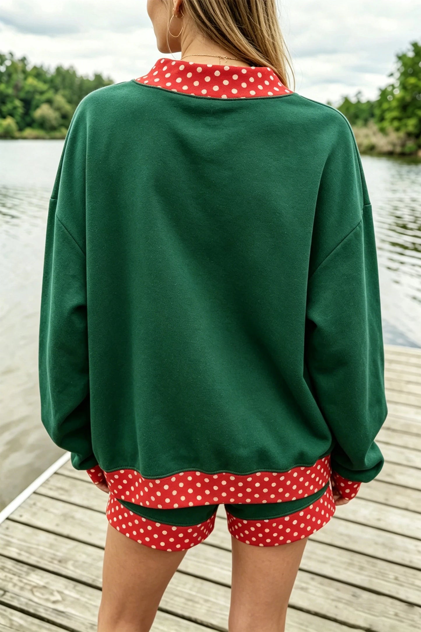 Red Gingham Trim Sweatshirt Shorts Two Piece Set