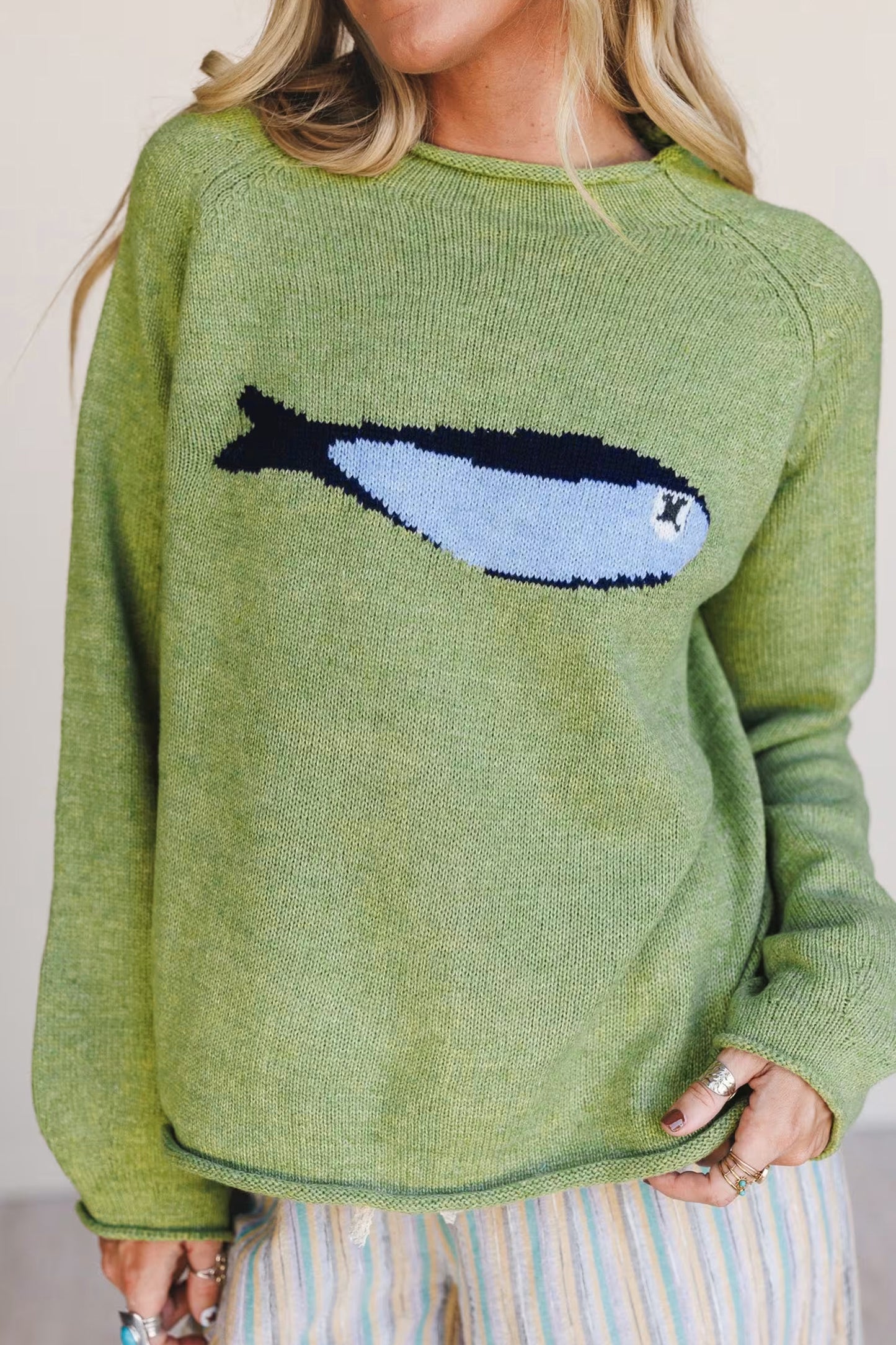 Meadow Mist Green Fish Graphic Oversized Knit Sweater