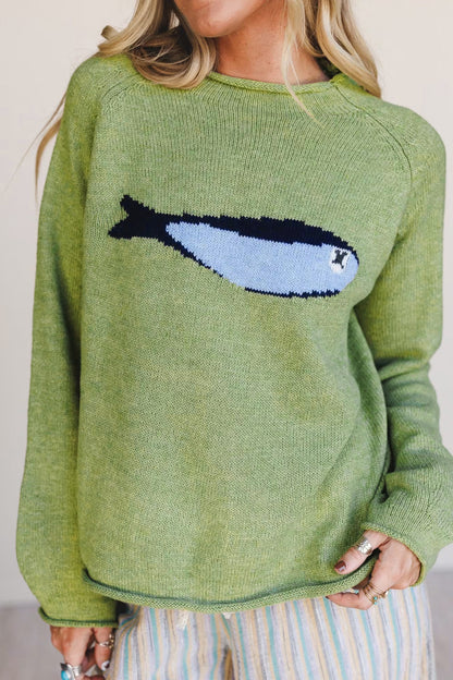 Meadow Mist Green Fish Graphic Oversized Knit Sweater