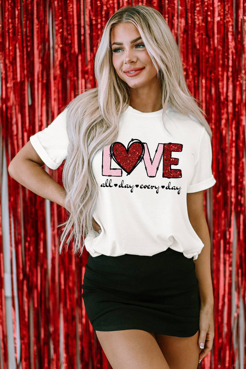 Valentines Day White LOVE Heart Graphic Crew Neck Tee