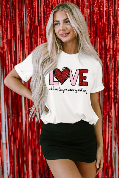 Valentines Day White LOVE Heart Graphic Crew Neck Tee