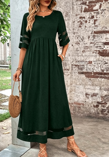 Plus Size Mesh Sleeve Maxi Dress with Pockets A-Line