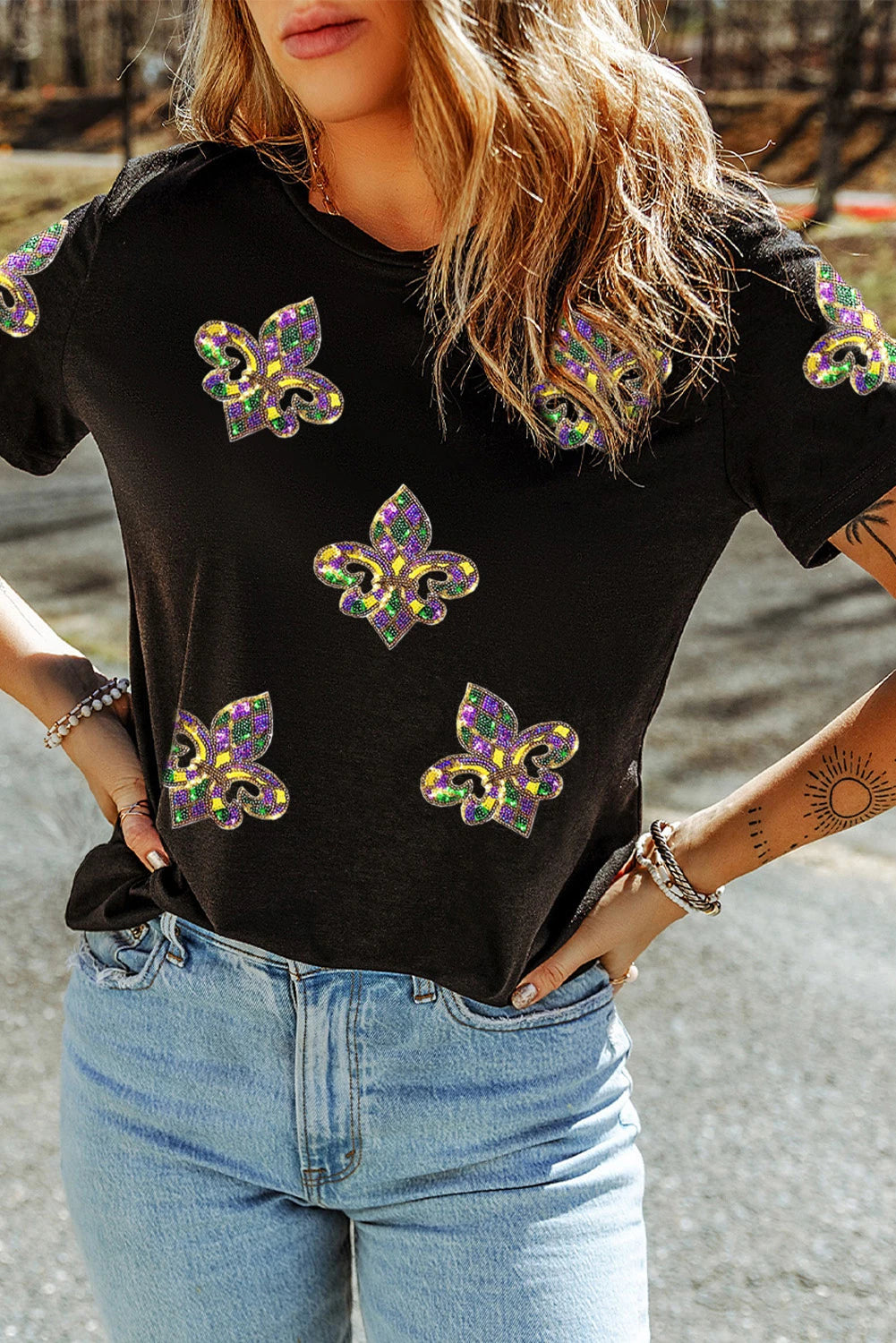 Black Mardi Gras Sequin Fleur De Lis Graphic T-Shirt