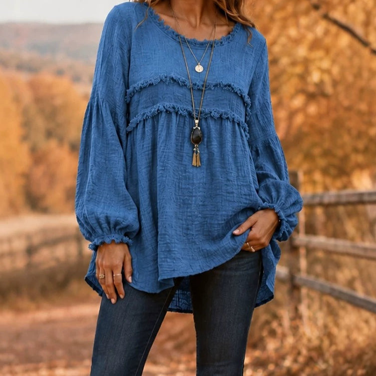 Women's Fringe Tiered Long Sleeve Flowy Textured Top