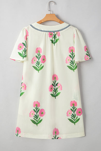 Easter Floral Split Neck Short Sleeve Mini Dress