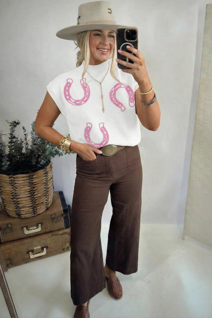 Western Horseshoe Knit Top Mock Neck Sweater Vest