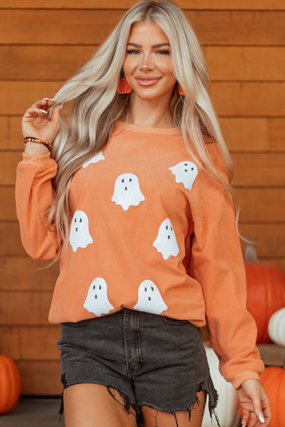 Women's Halloween Ghost Patch Ribbed Knit Sweatshirt