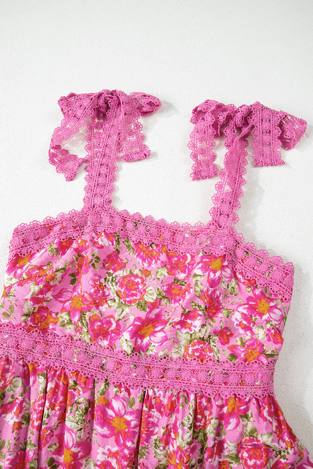 Pink Floral Lace Strap Empire Waist Maxi Dress