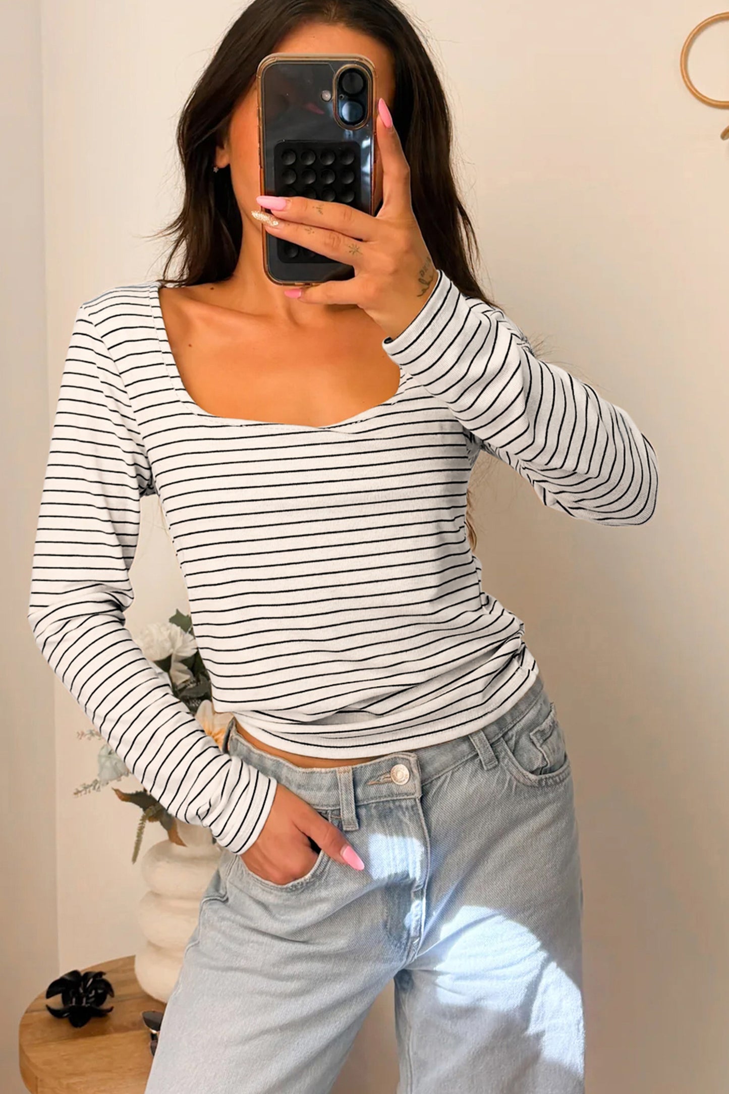 Striped Square Neck Long Sleeve Stretch Knit Top for Women
