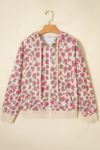 Rose Leopard Print Zip Up Hoodie with Pockets