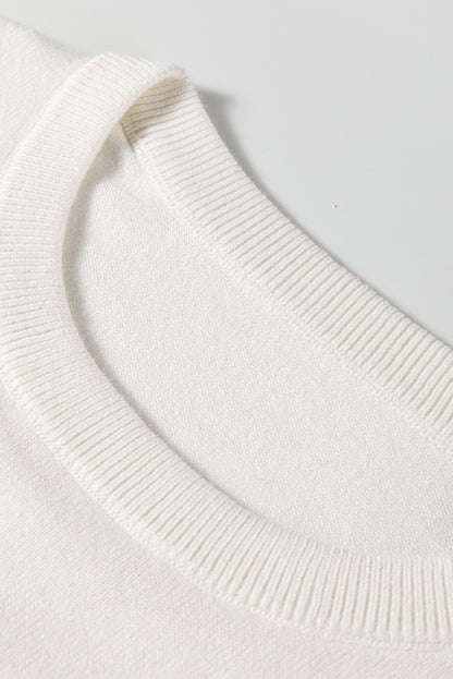 White Slim Fit Knit Sweater with Button Split Cuffs