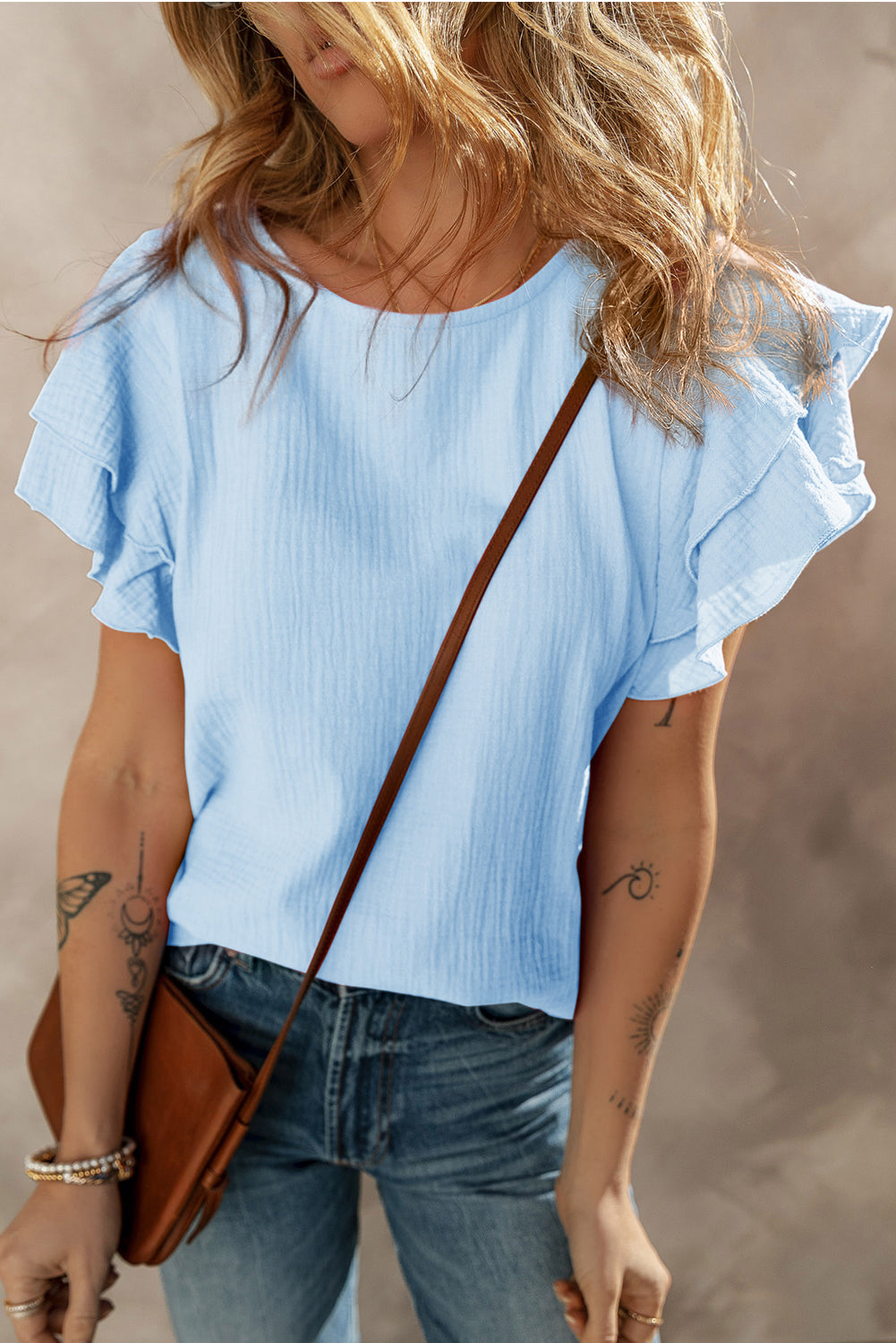 Pink Cotton Gauze Ruffle Sleeve Summer Blouse Top