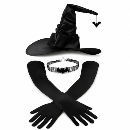 Adult Halloween Witch Hat Gloves Choker Costume Set