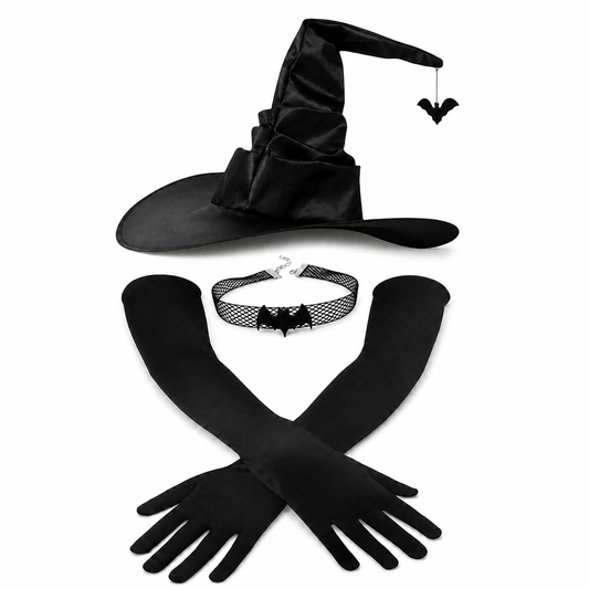 Adult Halloween Witch Hat Gloves Choker Costume Set