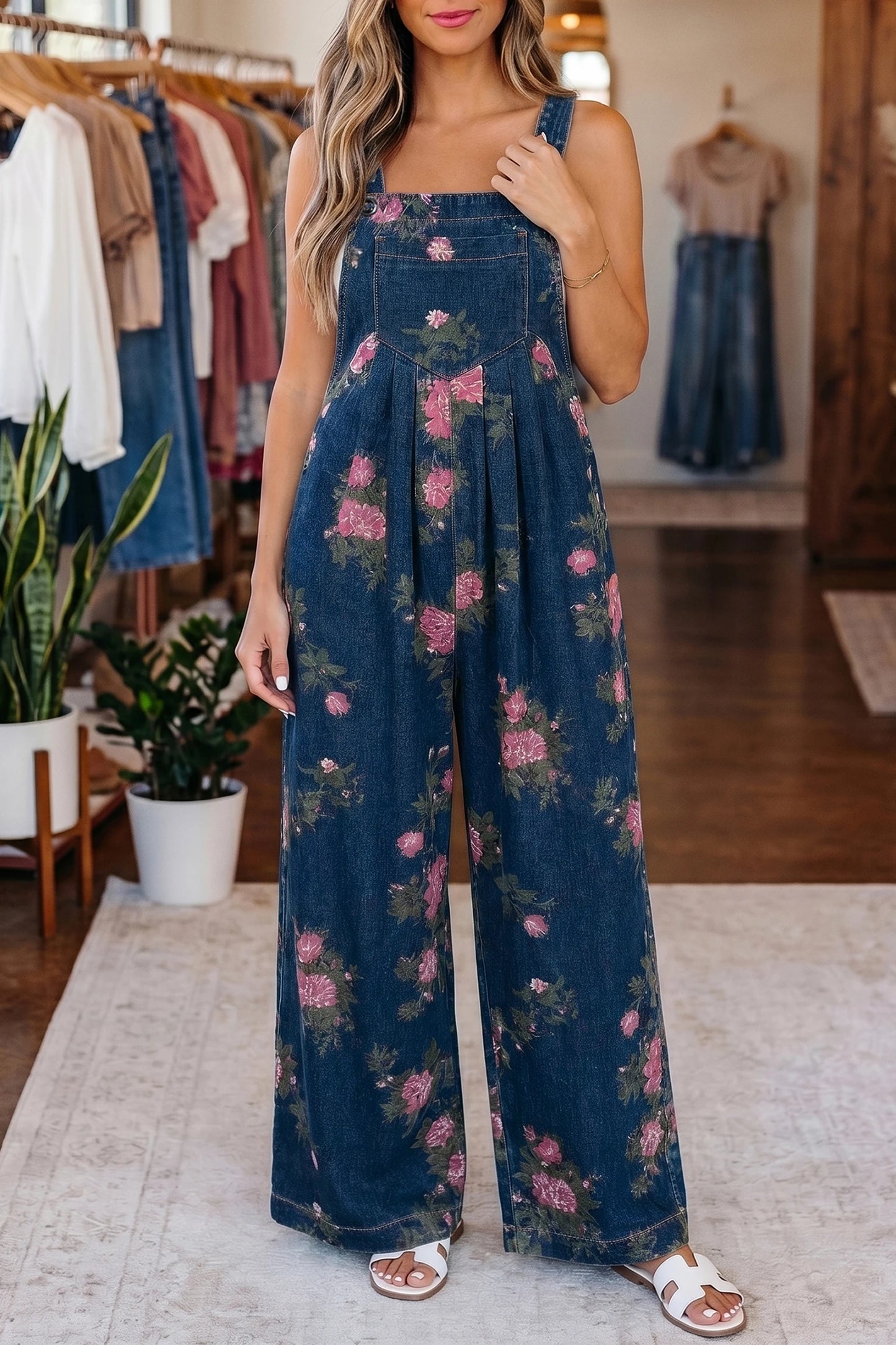 Women’s Blue Floral Wide Leg Denim Jumpsuit Adjustable Straps
