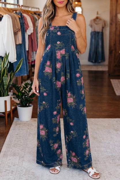 Women’s Blue Floral Wide Leg Denim Jumpsuit Adjustable Straps