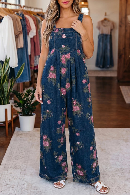 Women’s Blue Floral Wide Leg Denim Jumpsuit Adjustable Straps