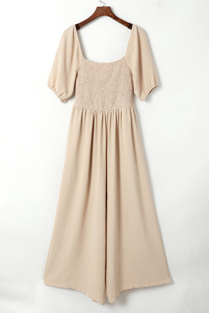 Smocked Wide Leg Jumpsuit Square Neck Boho Romper