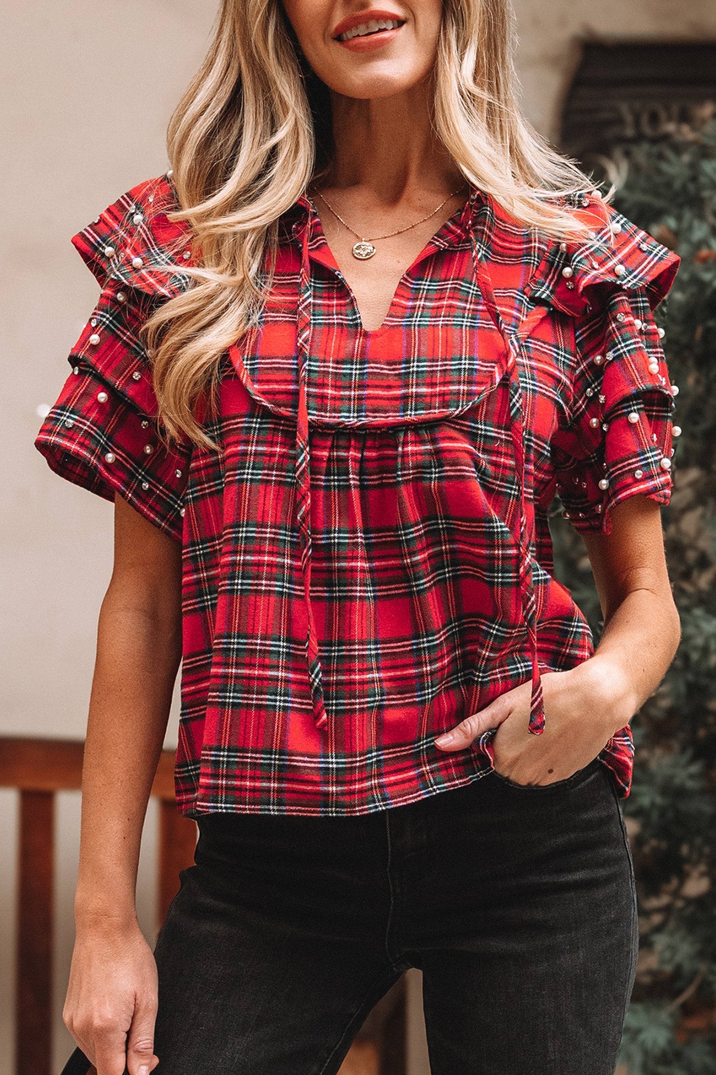 Red Christmas Plaid Pearl Ruffle Short Sleeve Holiday Blouse