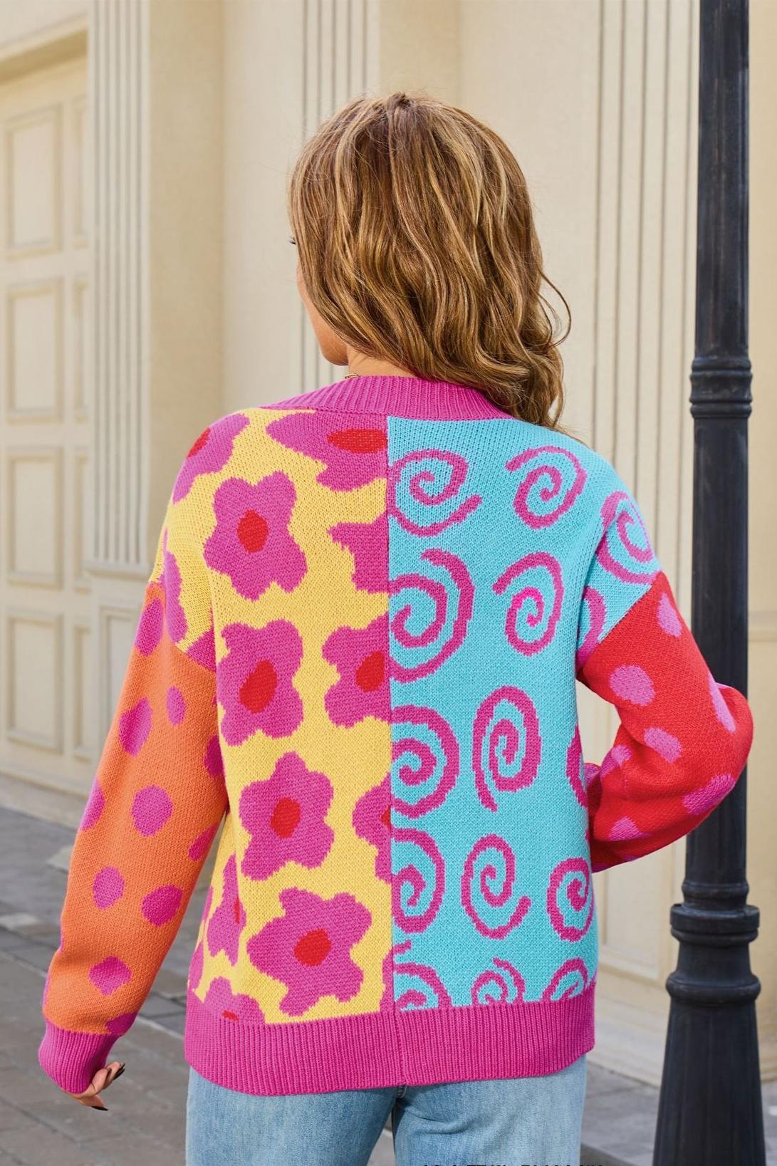 Colorful Floral Knit Cardigan – Open Front Fall Sweater