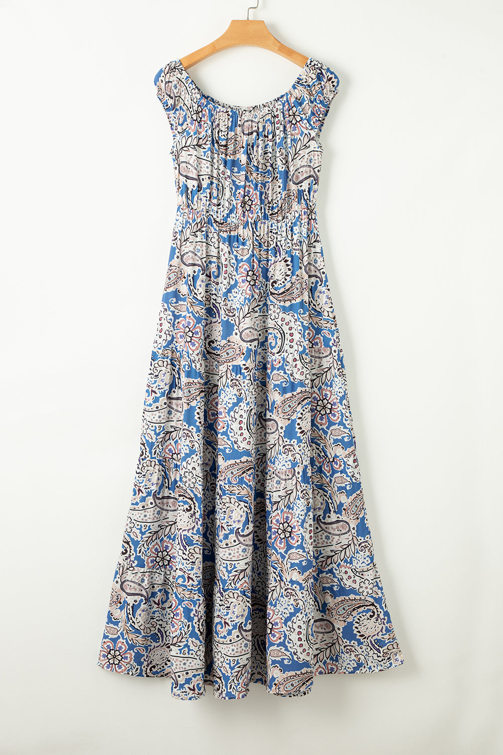Blue Boho Paisley Off Shoulder Smocked Maxi Dress