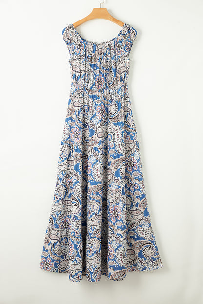 Blue Boho Paisley Off Shoulder Smocked Maxi Dress