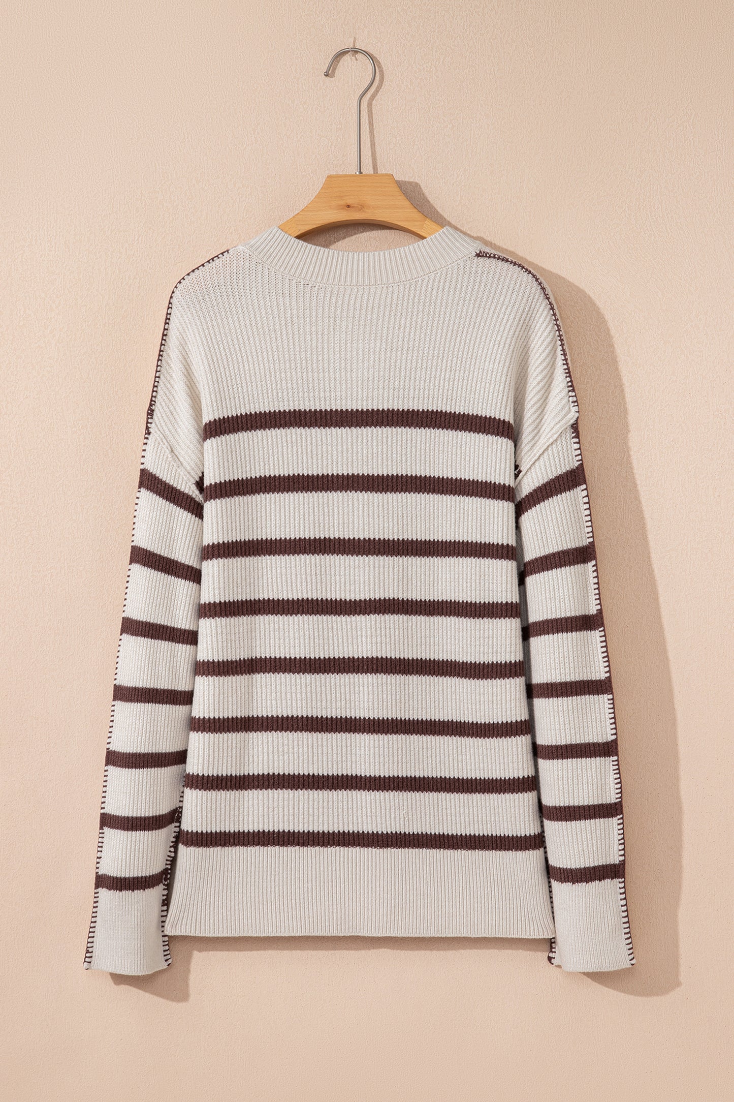 Striped Ribbed Henley Sweater Drop Shoulder Pullover
