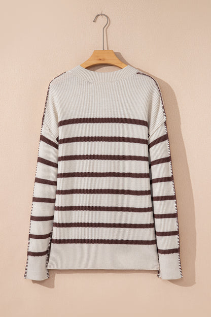 Striped Ribbed Henley Sweater Drop Shoulder Pullover