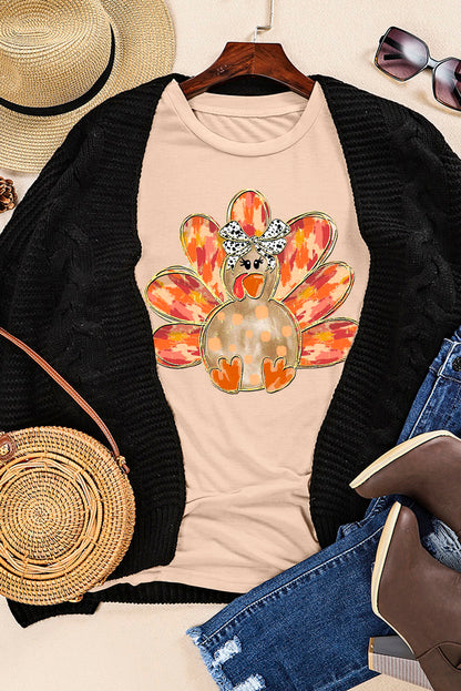 Khaki Bowknot Turkey Graphic Tee for Women Thanksgiving Top