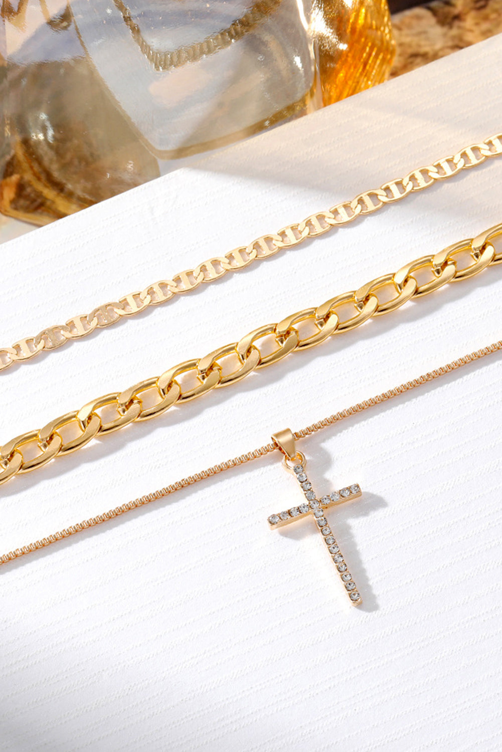 Silver Cross Pendant Layered Chain Necklace Set