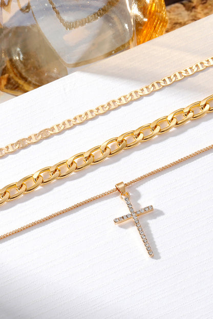 Silver Cross Pendant Layered Chain Necklace Set
