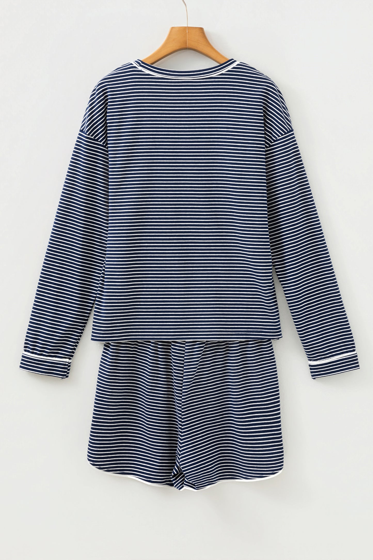 Blue Striped Long Sleeve Top and Buttoned Shorts Lounge Set