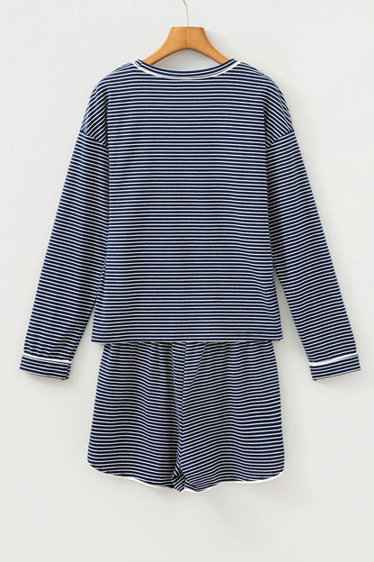 Blue Striped Long Sleeve Top and Buttoned Shorts Lounge Set