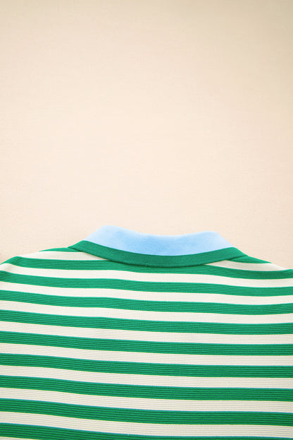 Green Stripe Contrast Collar Flutter Sleeve Mini Dress