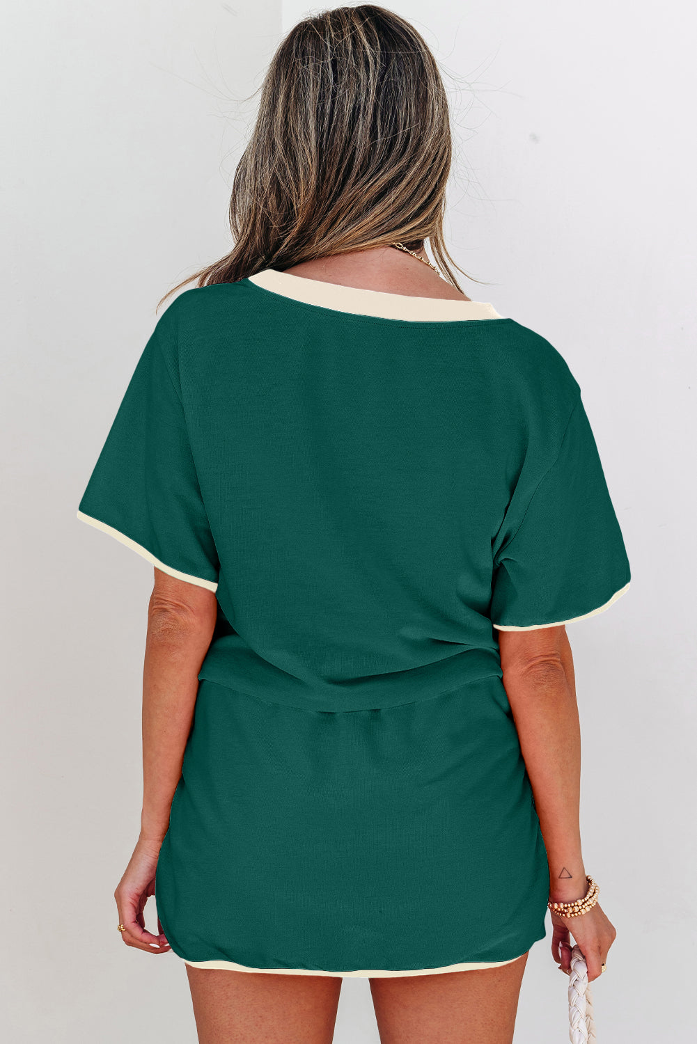 Colorblock Trim Tee Skort Set Drawstring Lounge Set