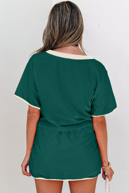 Colorblock Trim Tee Skort Set Drawstring Lounge Set