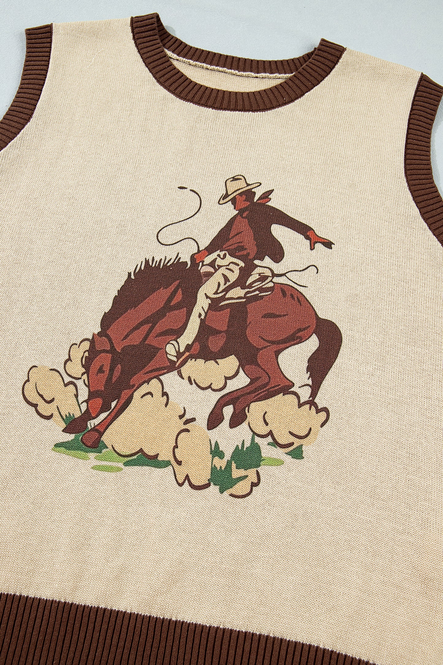Khaki Western Cowboy Horse Print Knit Sweater Vest