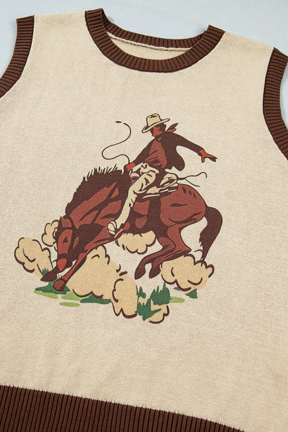 Khaki Western Cowboy Horse Print Knit Sweater Vest