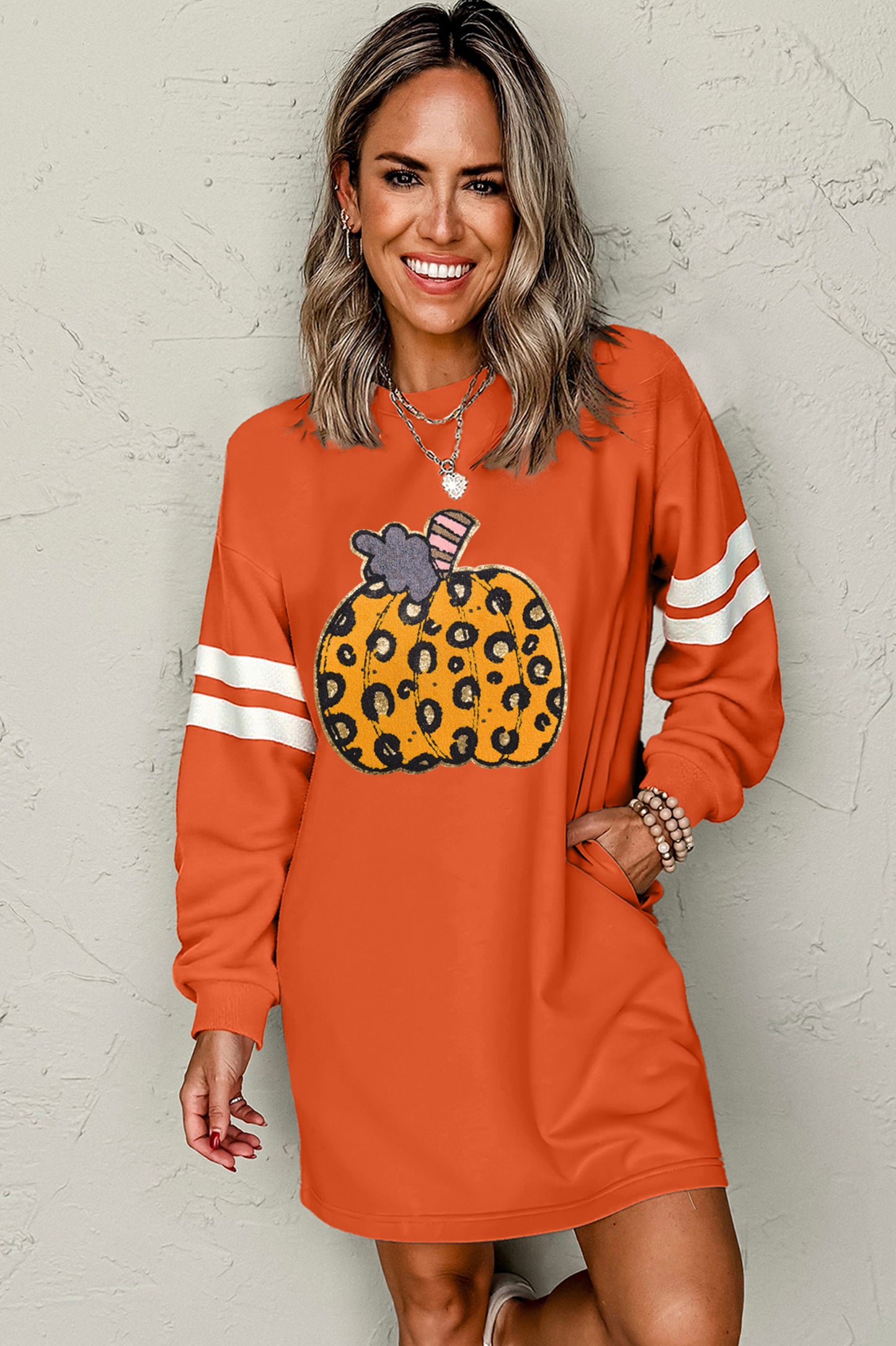 Leopard Pumpkin Graphic Varsity Stripe Sweatshirt Dress