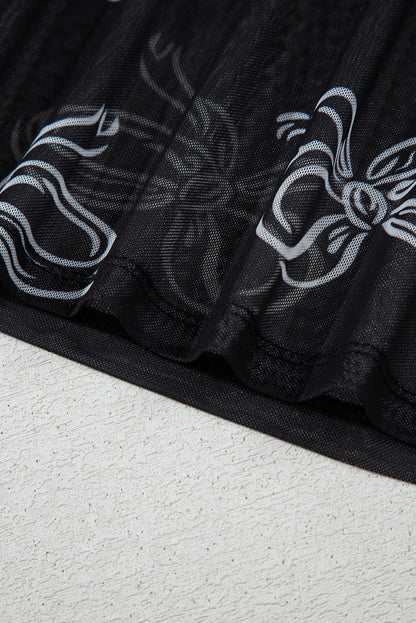 Valentine’s Black Bow Print Sheer Mesh Long Sleeve Top