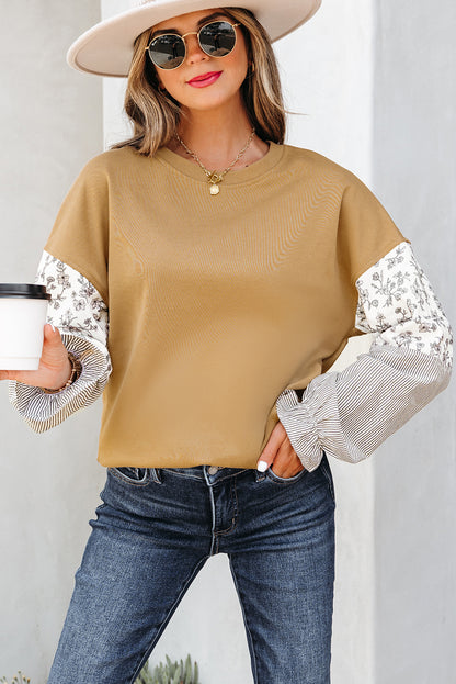 Camel Patchwork Floral Striped Ruffle Sleeve Sweatshirt