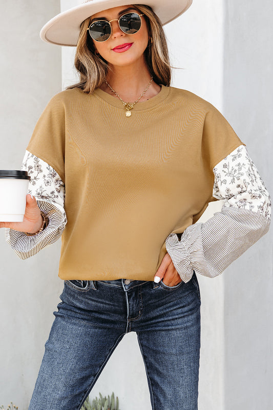 Camel Patchwork Floral Striped Ruffle Sleeve Sweatshirt