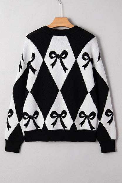 Black White Bow Argyle Knit Oversized Sweater
