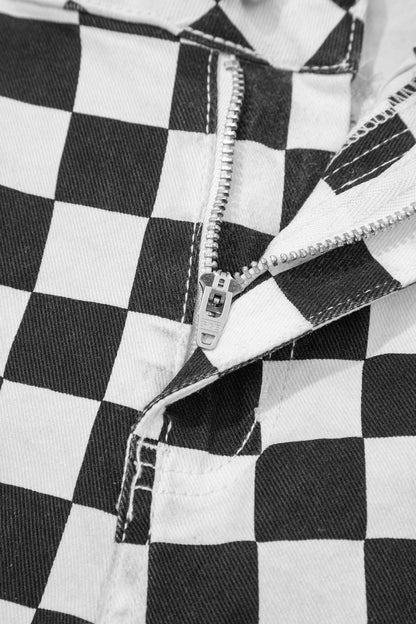 Checkerboard Distressed Cropped Jeans Raw Hem Pants