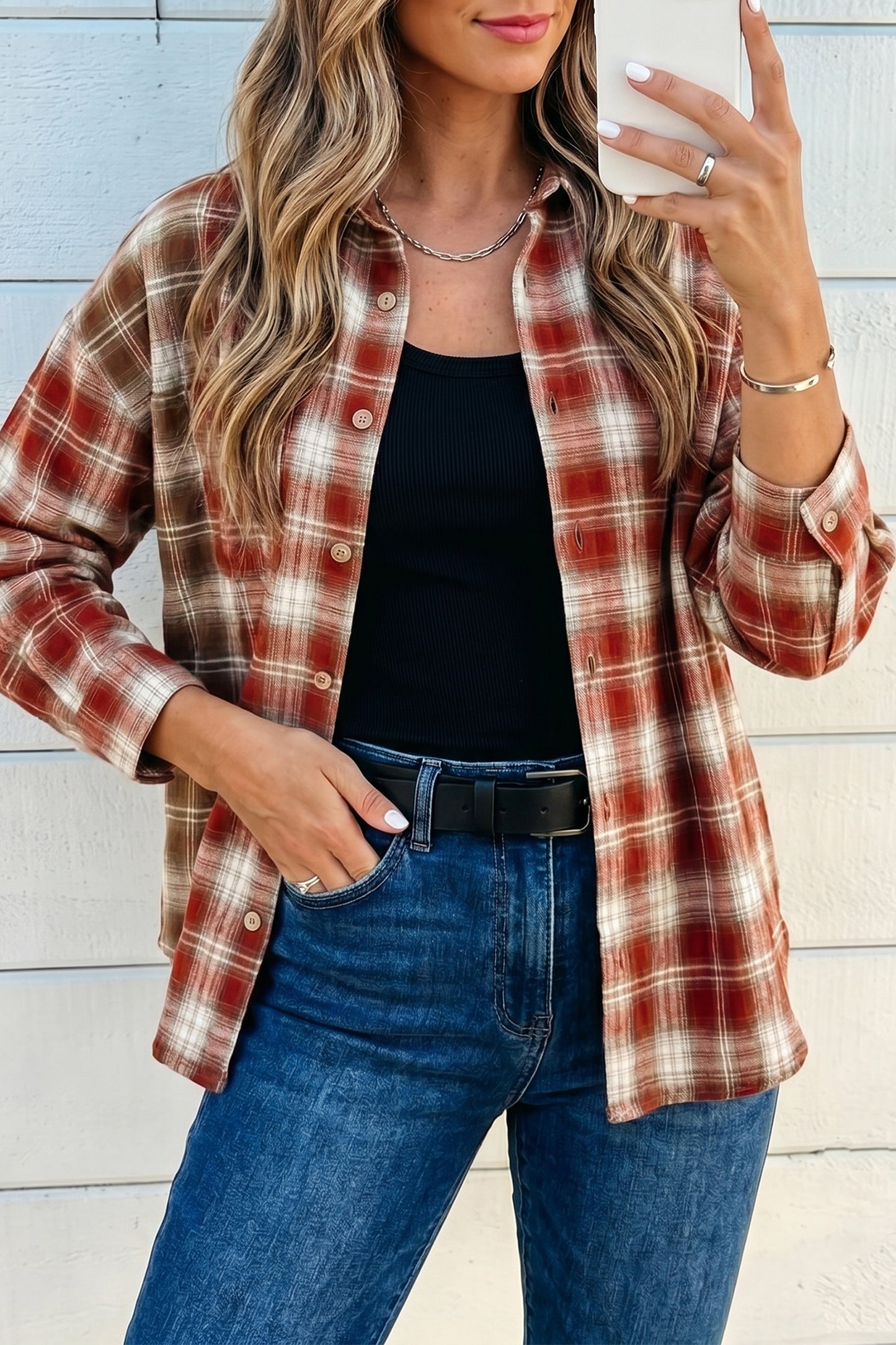 Color Block Plaid Button Down Oversized Flannel Shirt