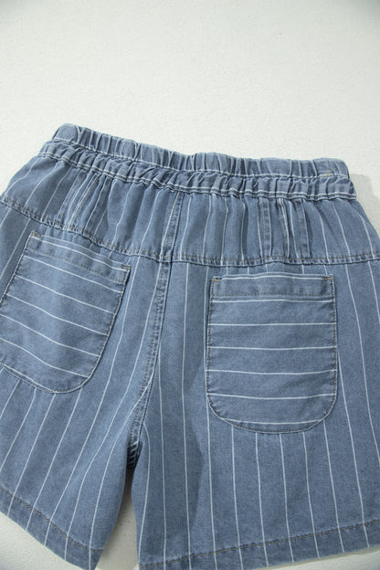 Sky Blue Stripe High Waist Button Denim Shorts Drawstring