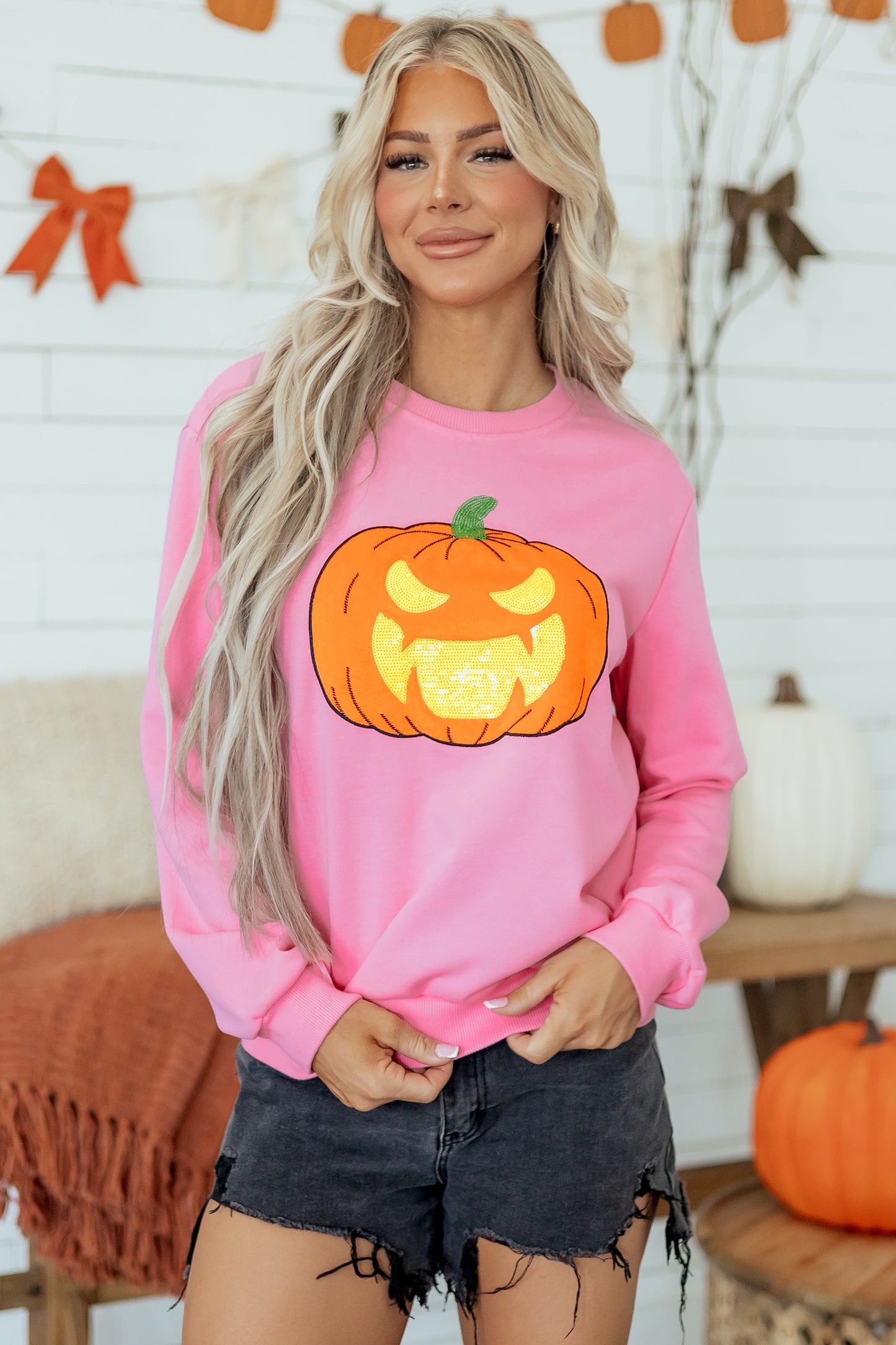 Pink Embroidered Pumpkin Halloween Crewneck Sweatshirt
