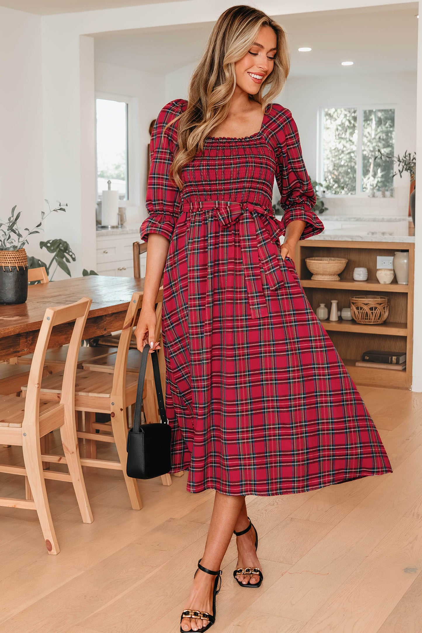 Red Tartan Plaid Puff Sleeve Smocked Waist Christmas Dress