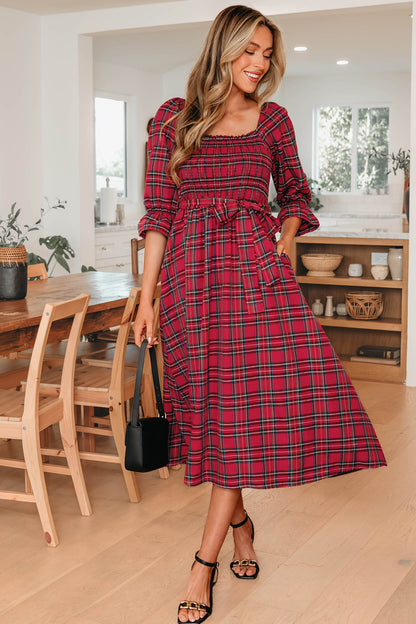 Red Tartan Plaid Puff Sleeve Smocked Waist Christmas Dress